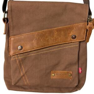 Augur Messenger Bag Brown Canvas Leather Trim distressed Mulitple Zip Pockets